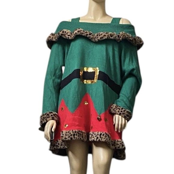 Holiday Time Christmas Sweater Dress Green Elf Leopard Fur Off Shoulder 3X 24W - Picture 1 of 16